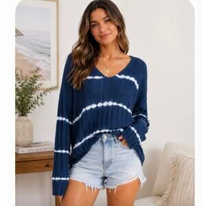 American Eagle Blue Tie Dye Ribbed Knit V-Neck Sweater Women's LargeBoho Coastal